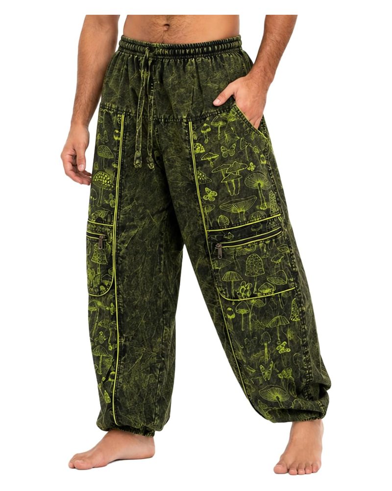 Mushroom Print Harem Pants in green mushroom print, handmade in Kathmandu, Nepal by manaKAmana