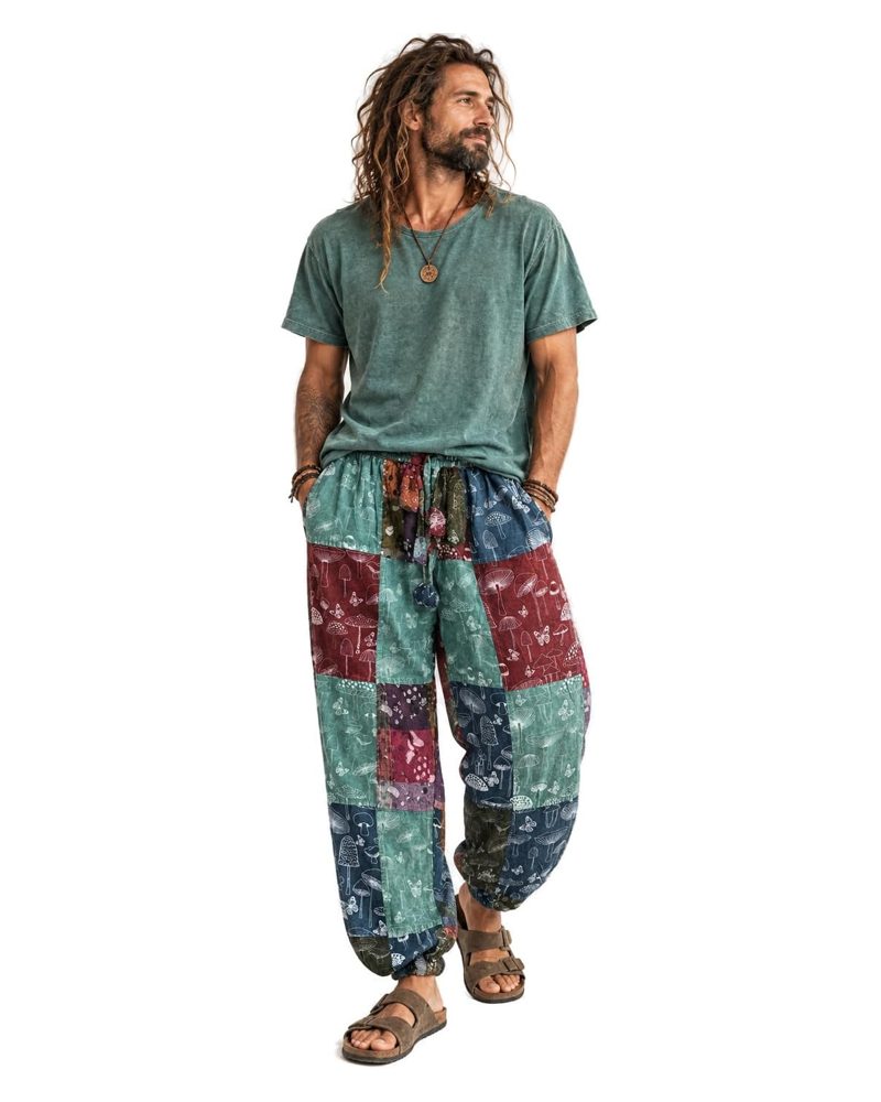 Mushroom Patchwork Harem Pants in mushroom patchwork, handmade in Kathmandu, Nepal by manaKAmana