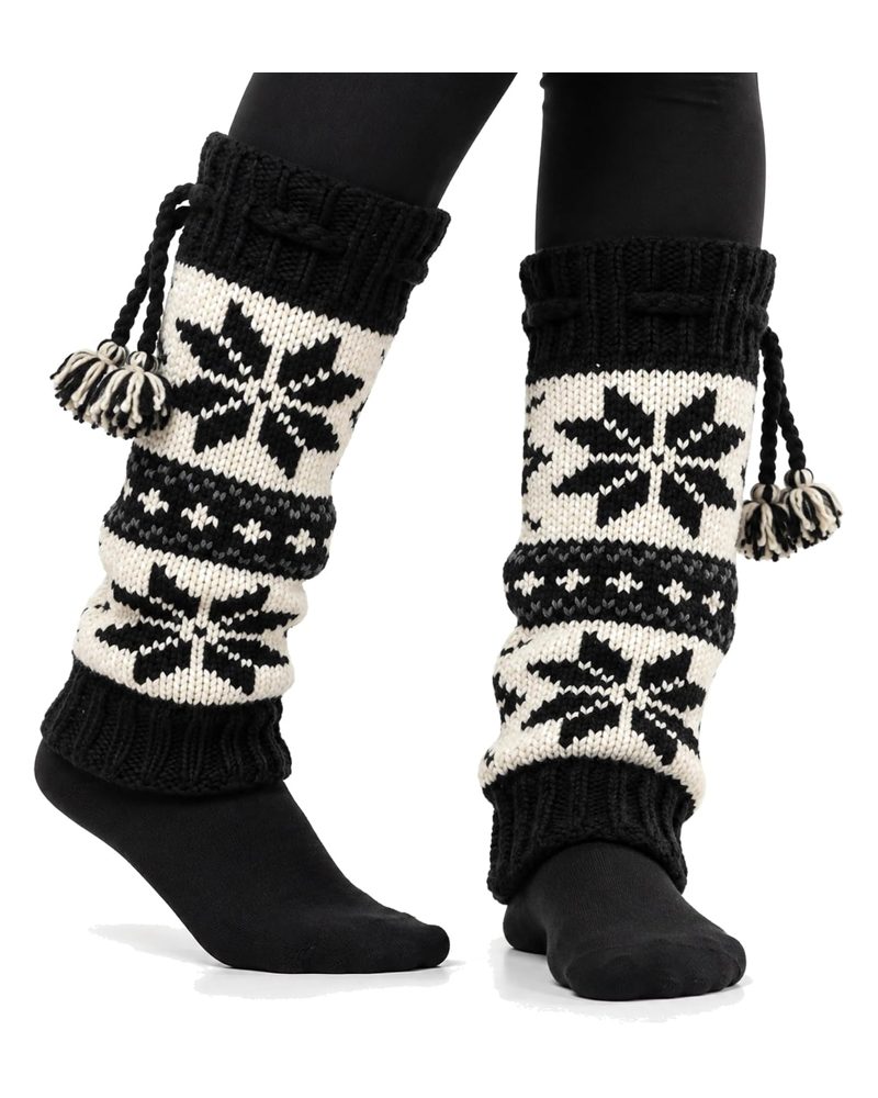 Fleece-Lined Wool Leg Warmers, Nordic Snowflake in black, handmade in Kathmandu, Nepal by manaKAmana