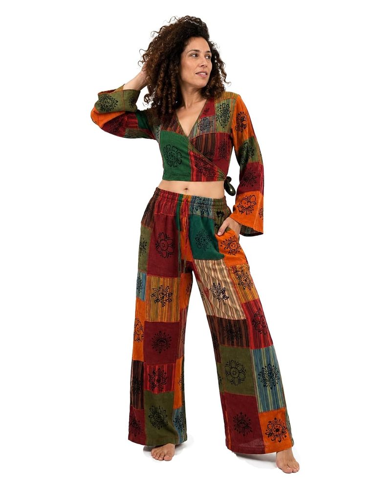 Patchwork Palazzo Pants & Wrap Top Set in green patchwork, handmade in Kathmandu, Nepal by manaKAmana