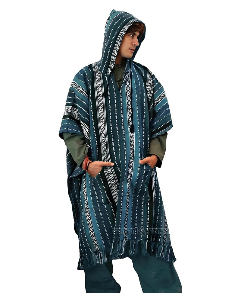Extra Long Poncho with Hood in blue, handmade in Kathmandu, Nepal by manaKAmana