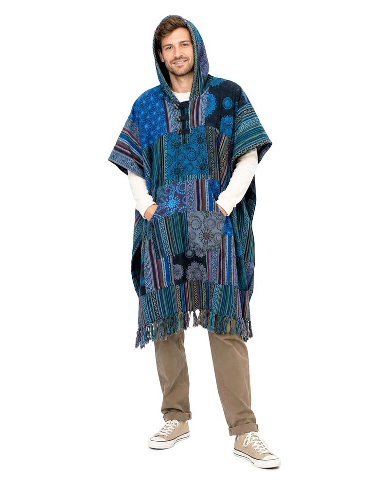Patchwork Hooded Poncho in blue patchwork, handmade in Kathmandu, Nepal by manaKAmana